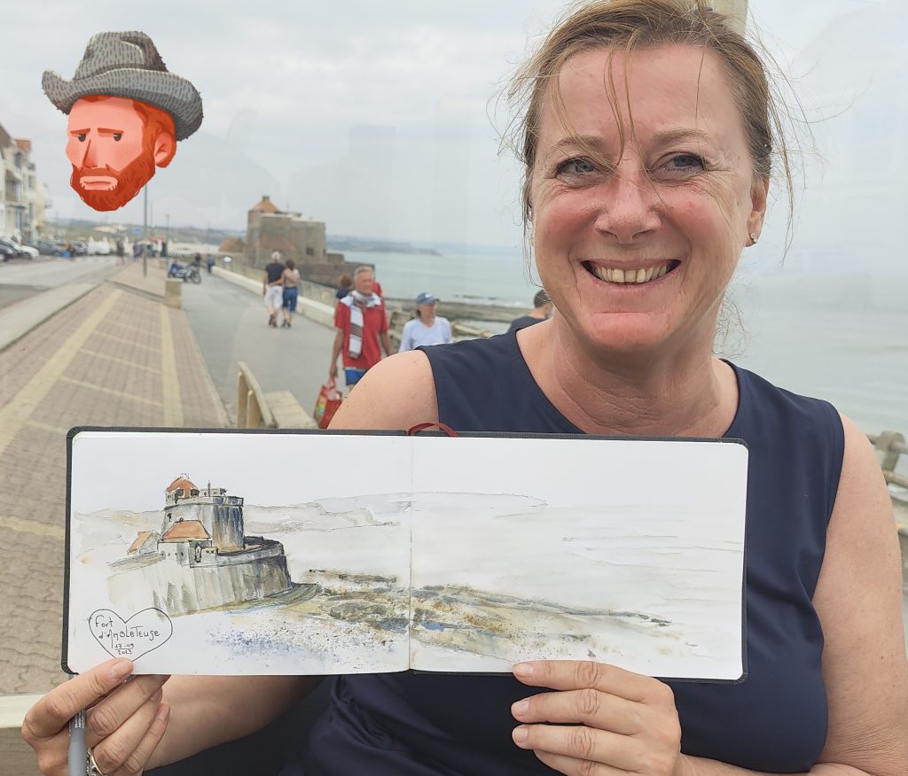 Leen De Smet in Ambleteuse met een schets van Fort Mahon