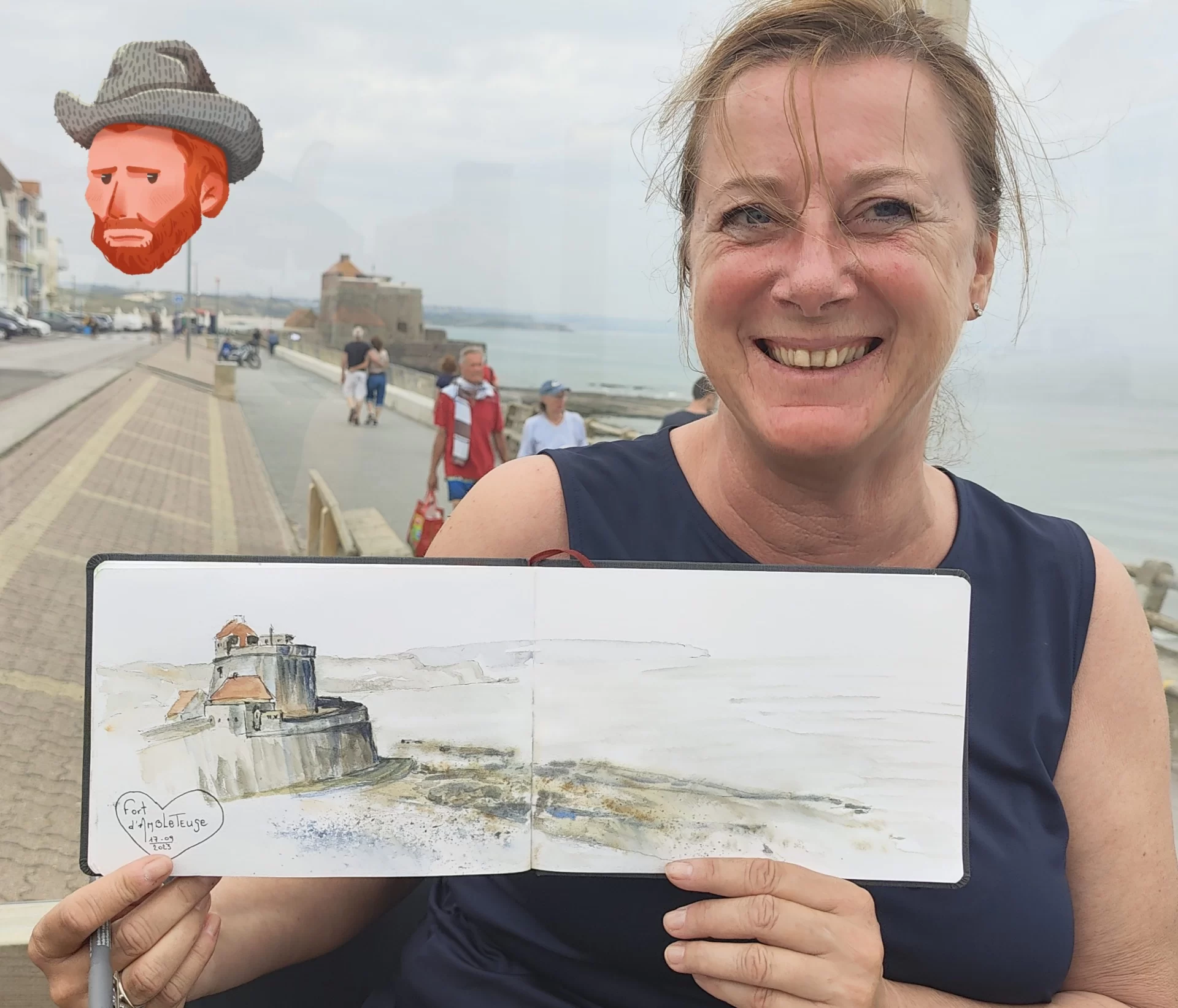 Leen De Smet in Ambleteuse met een schets van Fort Mahon